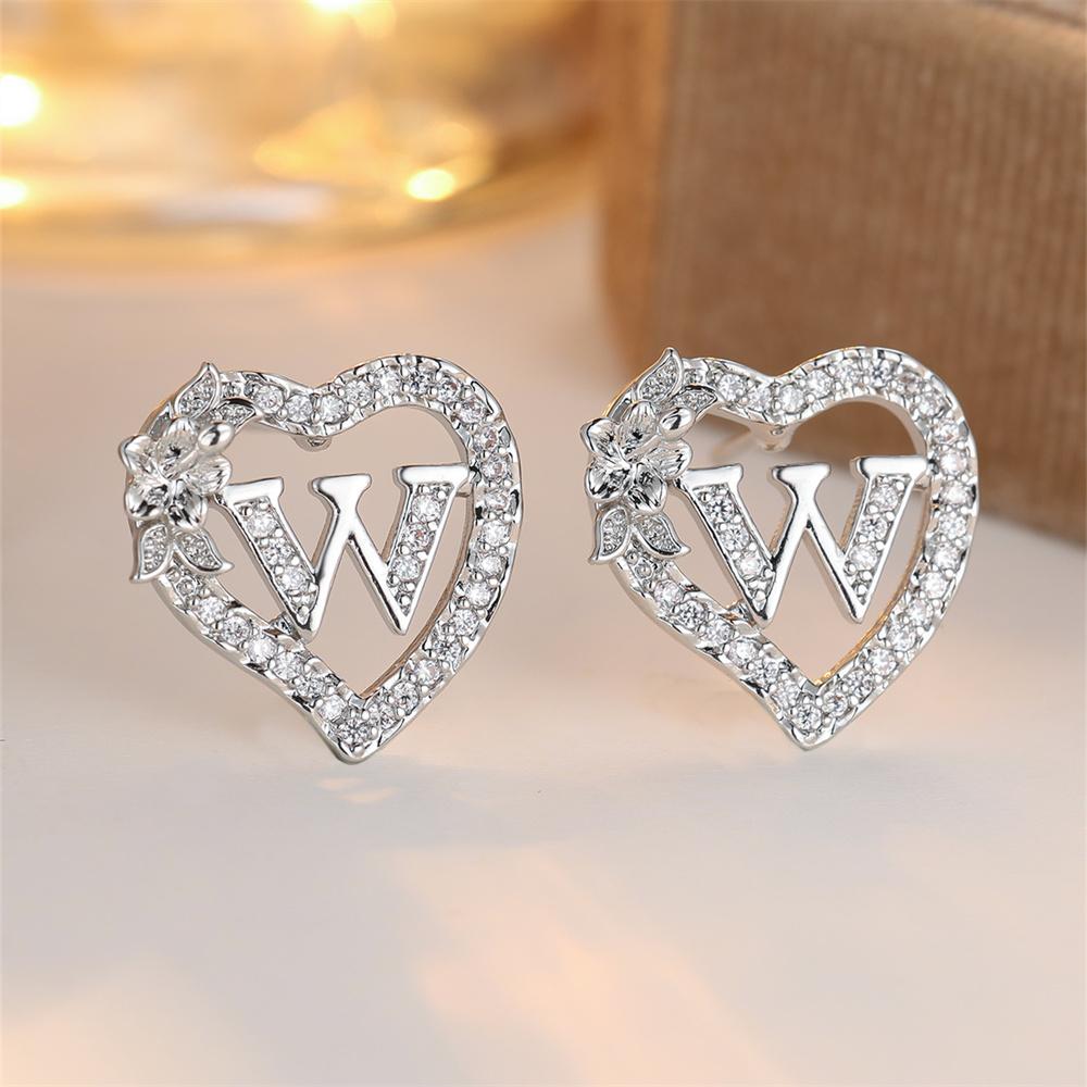 White Zircon Vintage Hollow Love Heart Letters Stud Earrings For Women Silver Color Wedding Jewelry Earring Valentine's Day Gift