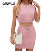 Summer Solid Colour Round Neck Sleeveless Vest Top Drawstring Skirt Set for Women