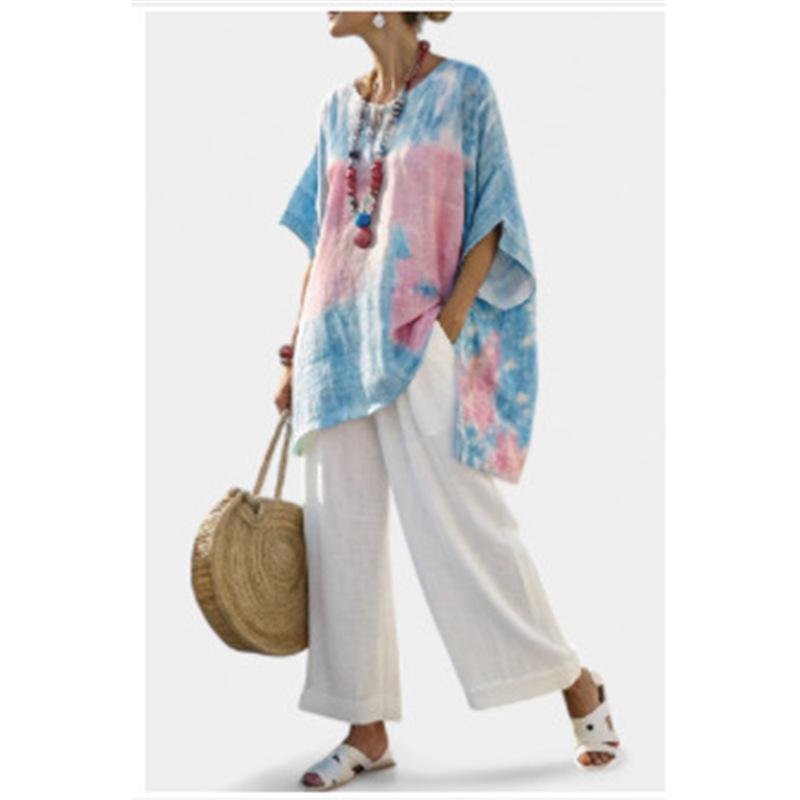 Printed short-sleeved shirt and trousers set Fashion loose round neck top High waist trousers Two-piece set