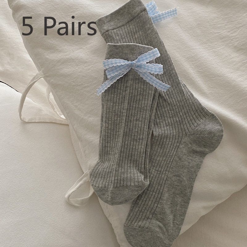 5 Pairs of New Spring and Summer Women's Plaid Bow Mid Calf Stacking Socks
