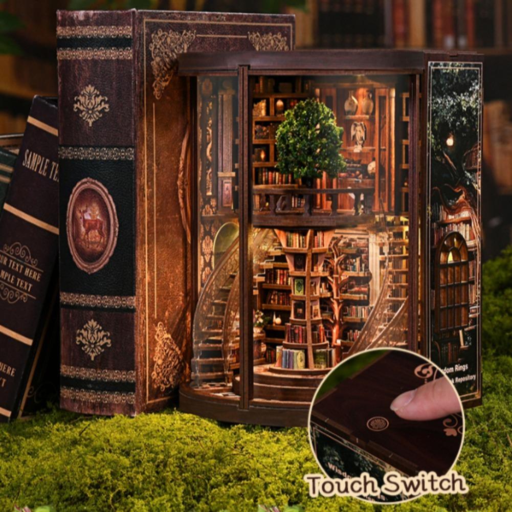 DIY Wooden Book Nook Figurines Miniatures Wisdom Rings Book Repository Bookend Home Decor Crafts For Friends Birthday Gifts