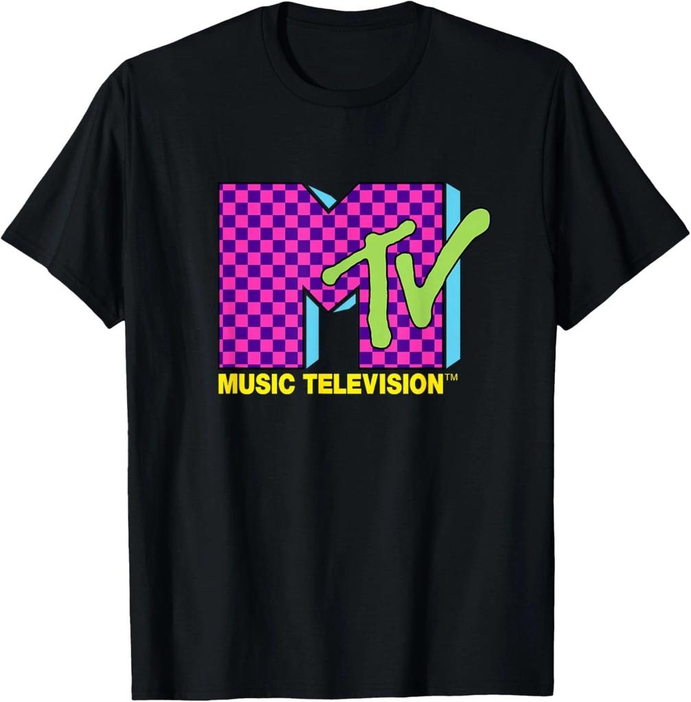 Футболка с логотипом MTV Music Television в стиле ретро 80-х, неоново-розовая клетка