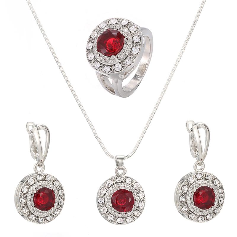 Мода Круглый Красный Кристалл Горный Хрусталь Серебряный Цвет Обручальное Кольцо Серьги Ожерелье Набор