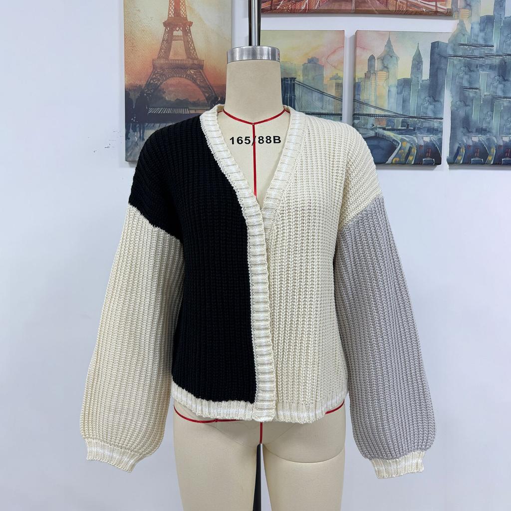 Women's Fashion Loose Splicing  Knitted Cardigan Coat Sweater