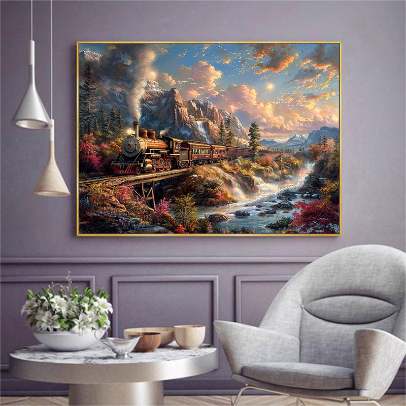 5d DIY Алмазная картина Вышивка крестом Поезд Пейзаж Алмазная вышивка Мозаика Полная круглая дрель Домашний декор Ремесла