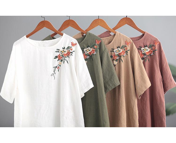 Женская ретро футболка в корейском стиле большого размера с вышивкой из хлопка и льна