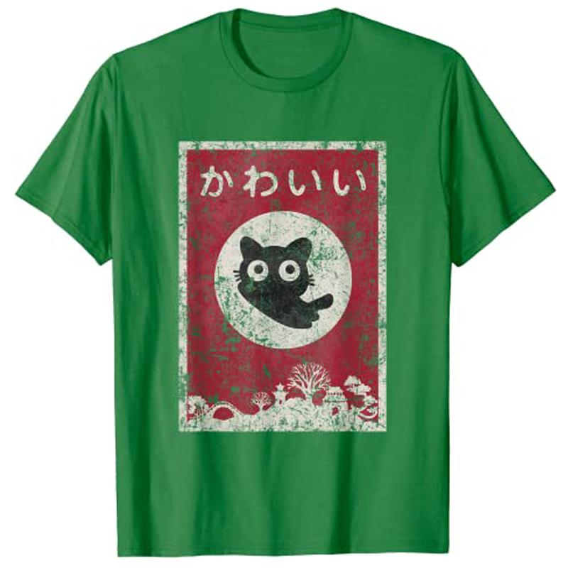 Кавайная Кошка Японская Черная Аниме Кошка Футболка T-Shirt Женская Одежда Y2k Унисекс Га Графическая Одежда Повседневные Топы Мультяшная Футболка Личная
