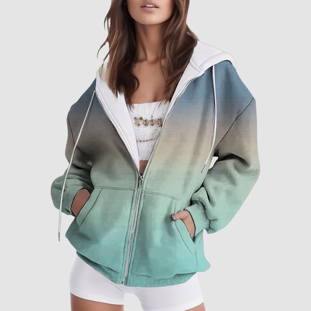2024 Новая женская толстовка с капюшоном с градиентом, зимняя, с длинным рукавом, на шнурке, с капюшоном, с двойными карманами, на молнии, повседневная уличная одежда