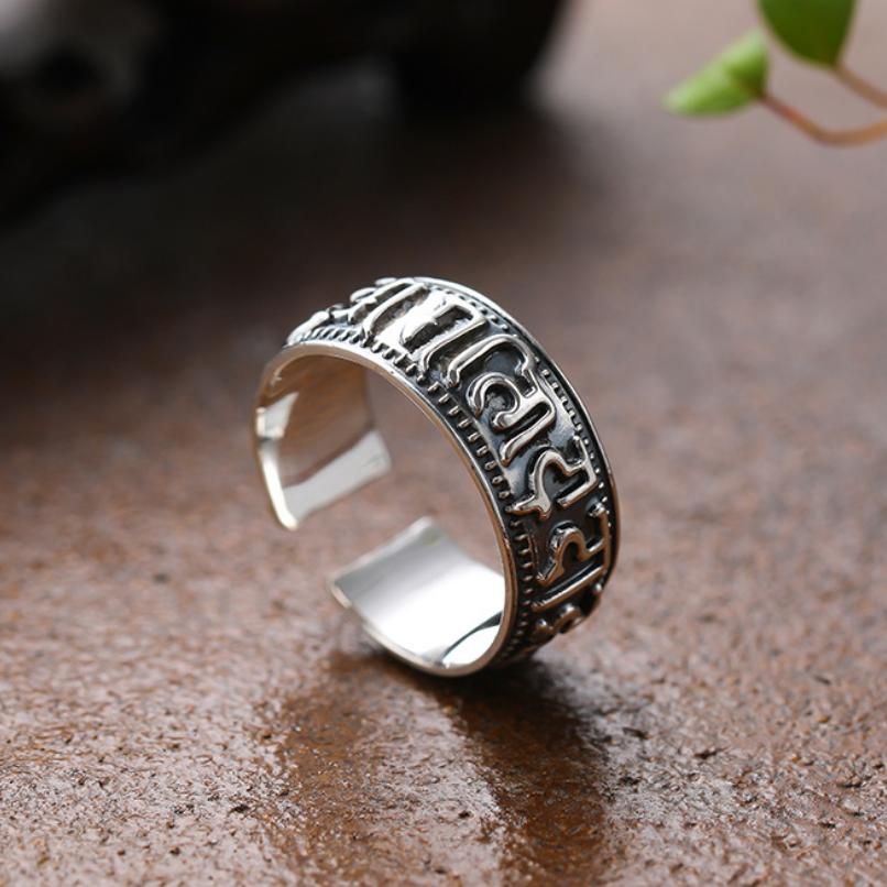 S925 Sterling Silver Mantra Saint Religious Ring Thai Silver Six -Character Mantra Cylinder Opening Adjustable Ring Jewelry