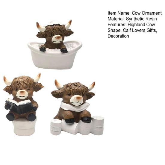 3Pcs Bathroom Highland Cow Figurine Bathing Reading Book Toilet Paper Highland Cattle Resin Statue Sculpture Decoration Ornament Calf Lovers Gifts