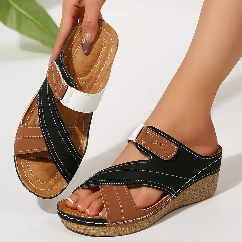 Fashion Fashion Contrast Color Wedge Sandals Women Casual Cross Strap Platform High Heel Slippers Woman Comfortable Summer Beach Slides