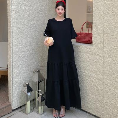 2025 Летнее Платье Большого Размера Женское Повседневное Черное Винтажное Платье с Круглым Вырезом Базовое Длинное Свободное Платье