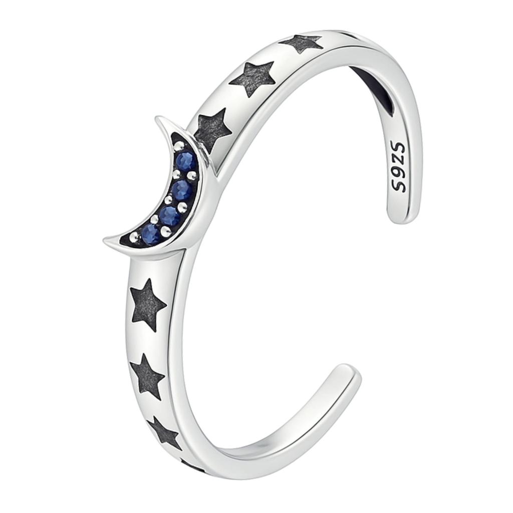 Silver adjustable ring with moon and stars, 925 silver