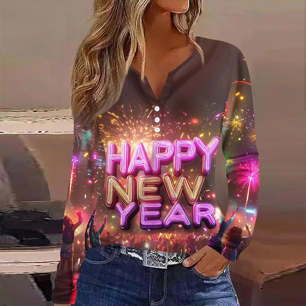 Жен. Футболка Футболка С принтом Пуговицы Длинный рукав Повседневные Выходные Мода Классический V-образный вырез Обычный Верх