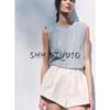 Spring and Summer New Women's Clothing Minimalist round Neck Cotton with Padded Shoulder Washing Effect Sleeveless T-shirt Top 0858203