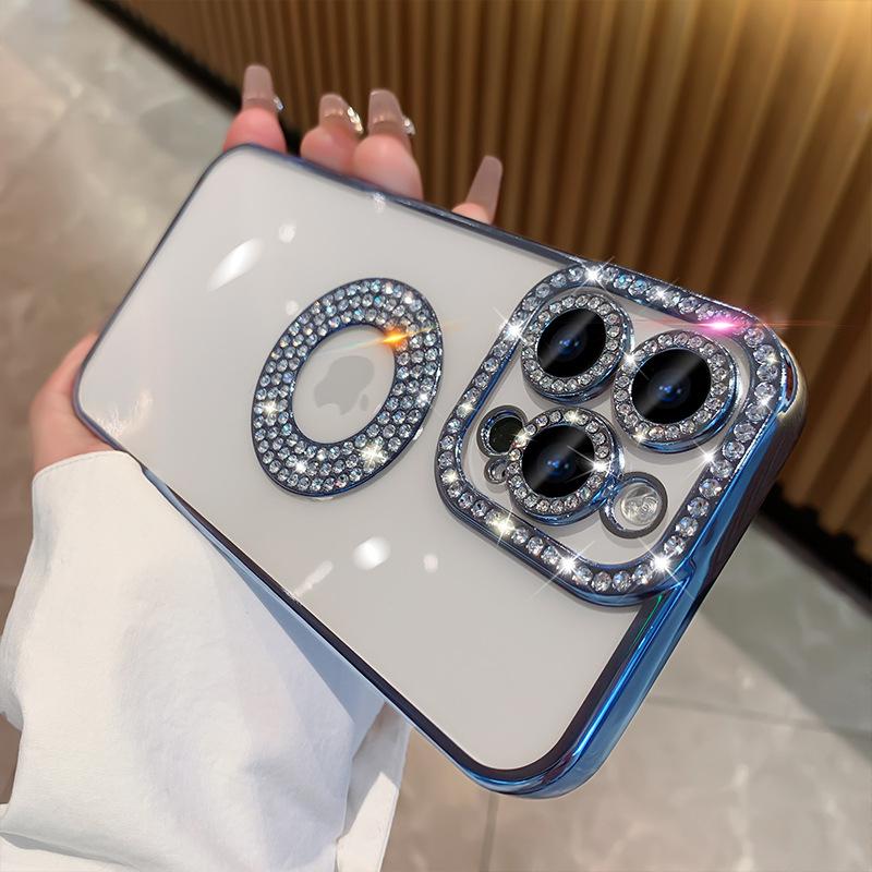 Роскошный чехол для телефона с блестящими стразами и гальваническим покрытием рамки для iPhone 16 Pro Max для iPhone 11 12 13 14 15 16 Plus с алмазной защитой объектива