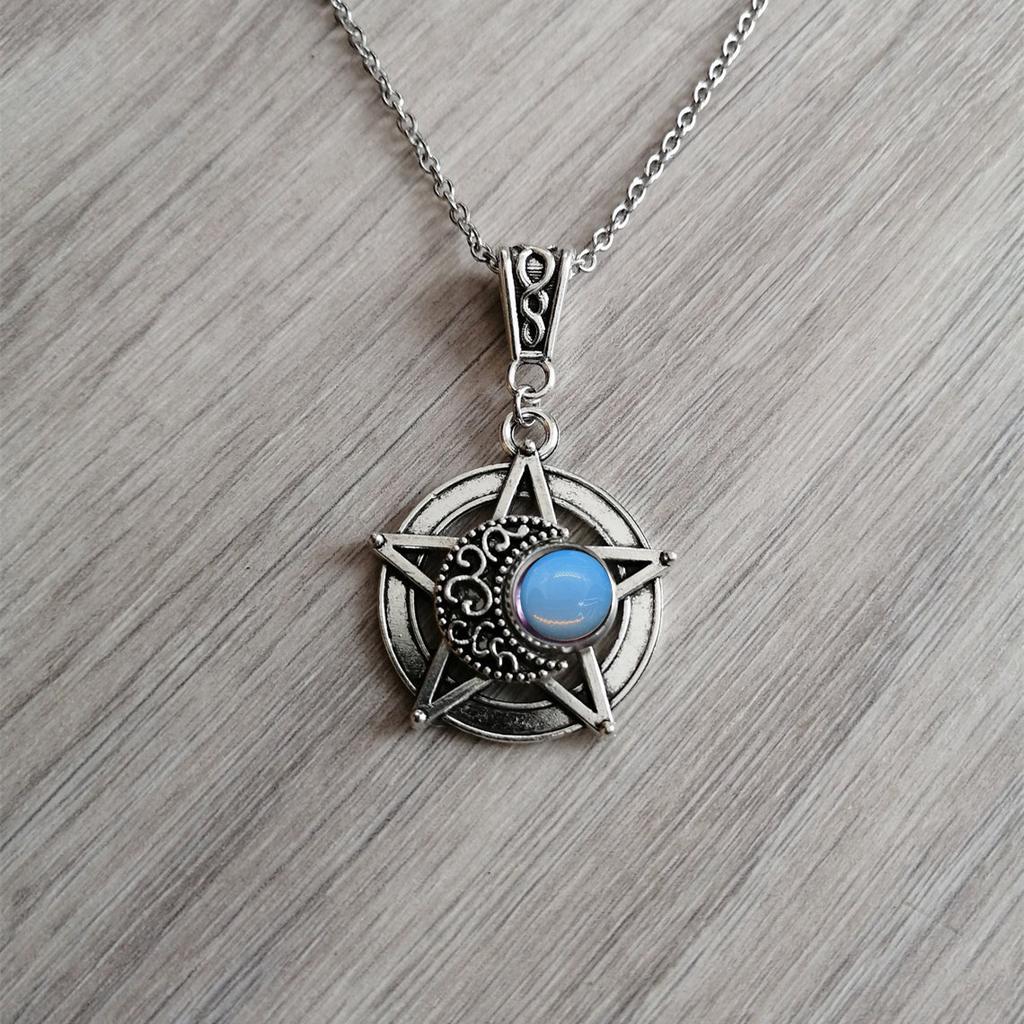 Charm Gothic Silver Color Five-pointed Star Hollowed-out Crescent Purple Crystal Pendant Necklace for Women Halloween Jewelry