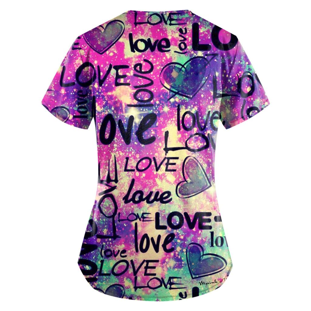Plus Size Printed Scrub Working Uniform Tops For Women's V-Neck Short Sleeve Fun T-Shirts Workwear Tee With Pockets