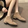 Large Size Women's Boots British Style Small Short Boots Solid Color Suede Pointed Tip Lace Up Square Heel Martin Boots