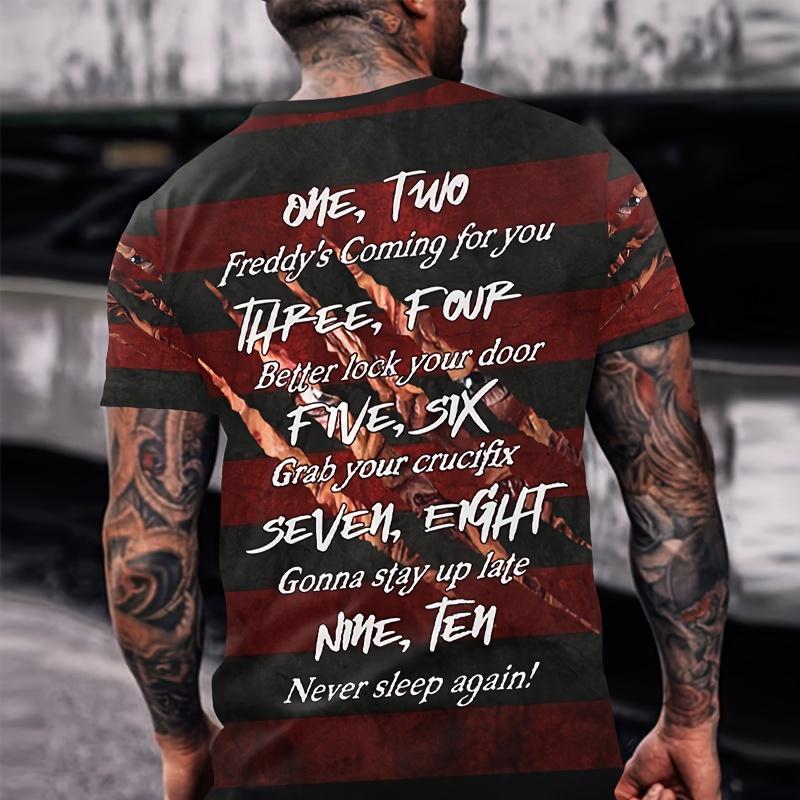 Vintage-Inspired Polyester Men's T-Shirt with Krueger Stripes and Slogan Print, Crew Neck, Short Sleeve Casual Streetwear for Summer - 3D Printed