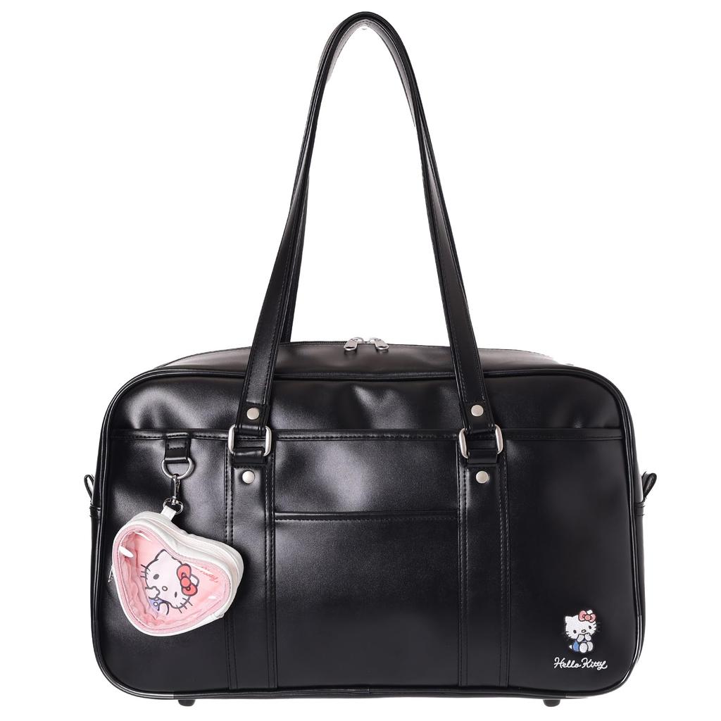 Sanrio Synthetic Leather School Boston Bag with Heart Pouch (Kitty-Black)