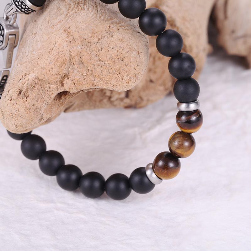MATT STONE BRACELET     8mm Matt Onyx Stone Bead Bracelet with Reptile Design Lobster Lock, Brown Tiger Eye Stones