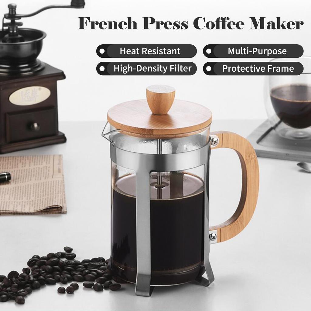 27oz French Press Coffee Maker with Wooden Handle High Density Filter Heat Resistant Borosilicate Glass Teapot Coffee