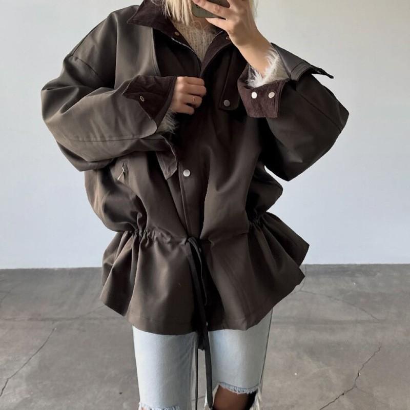 Womens Mid-length Trench Coat 2026 Fall Drawstring Waist Casual Street Style Jacket