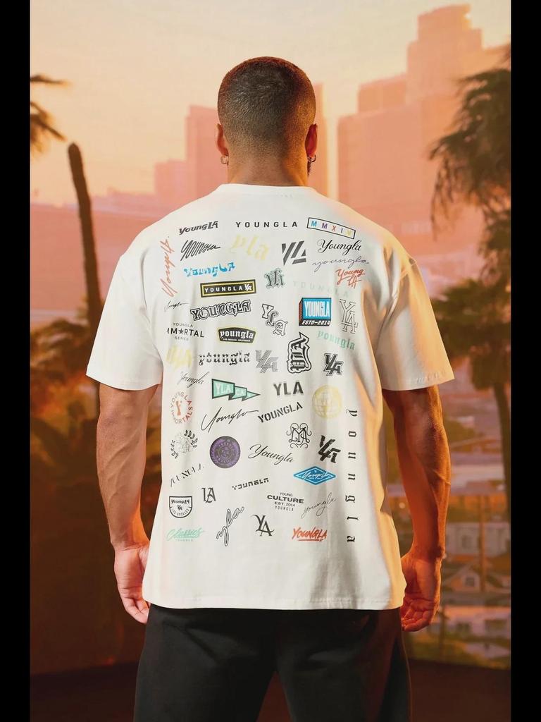 Мужская футболка свободного кроя YOUNG LA из хлопка — летний принт на всю спину, короткие рукава, круглый вырез, повседневный спортивный топ для фитнеса