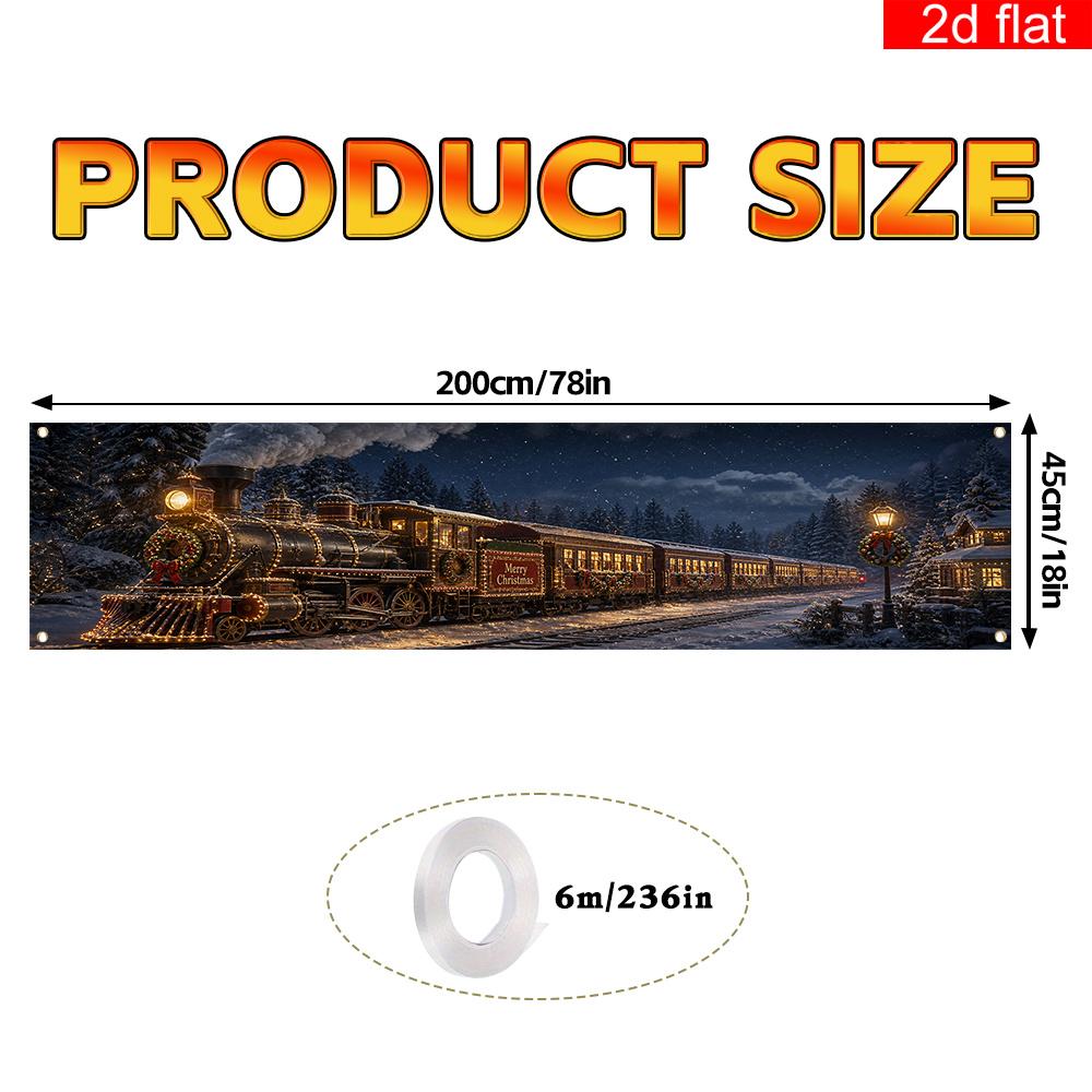 Merry Christmas Yard Banner, Steam Train Pattern, Polyester Outdoor Garden Fence Entrance Decoration, Winter Party Sign