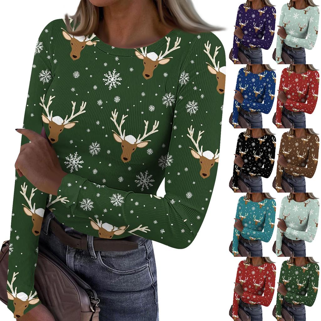 Женская модная облегающая футболка с круглым вырезом, базовый слой, с рождественским принтом, с длинным рукавом