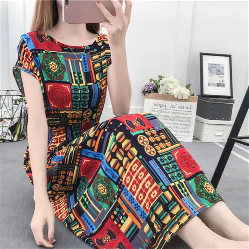 Летнее платье из хлопка и шелка в этническом стиле с цветочным принтом, модное элегантное платье больших размеров с короткими рукавами и средней длиной