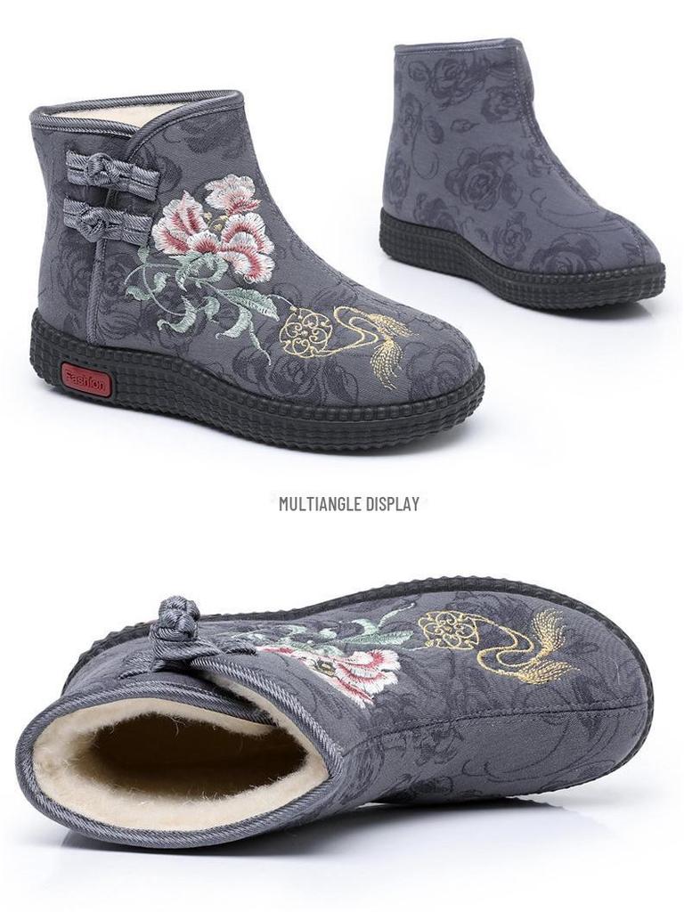 Женские вышитые зимние ботильоны - теплая бархатная подкладка, хлопковая обувь в китайском стиле для мамы