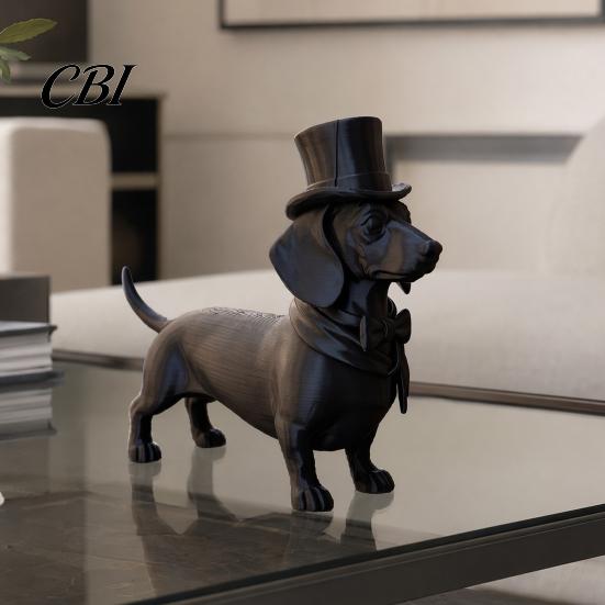 Modern Dog Figurine 3D Printed Gentleman Dachshund Figurine, Elegant Sculpture Desktop Ornament, Retro Animal Ornament Solid Matte Black Art