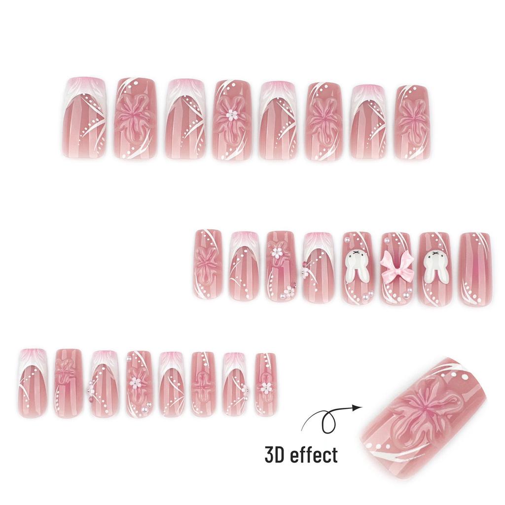 3D цветочные носимые ногти - Милый кролик с бантом, накладной дизайн ногтей.