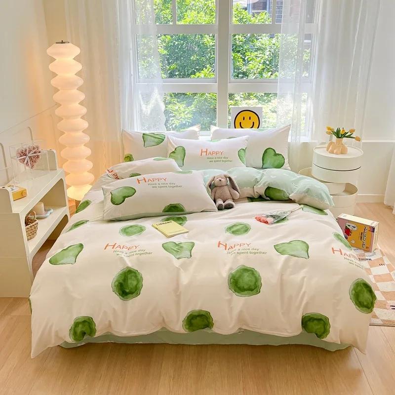 Комплект постельного белья из 3 предметов с цветными цветами в мультяшном стиле из 100% хлопка, мягкий и приятный на ощупь, с 2 наволочками