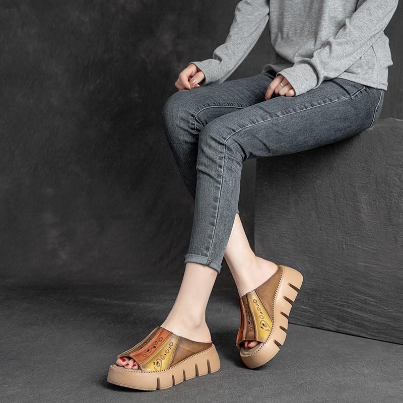 Genuine Leather Thick Soles Sandals Women Retro Wedges Slides Comfortable Outdoor Platform Slippers