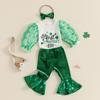 Baby Girls Irish Day Outfits Shamrock Mesh Letter Print Long Sleeves Romper and Elastic Flared Pants Headband Set