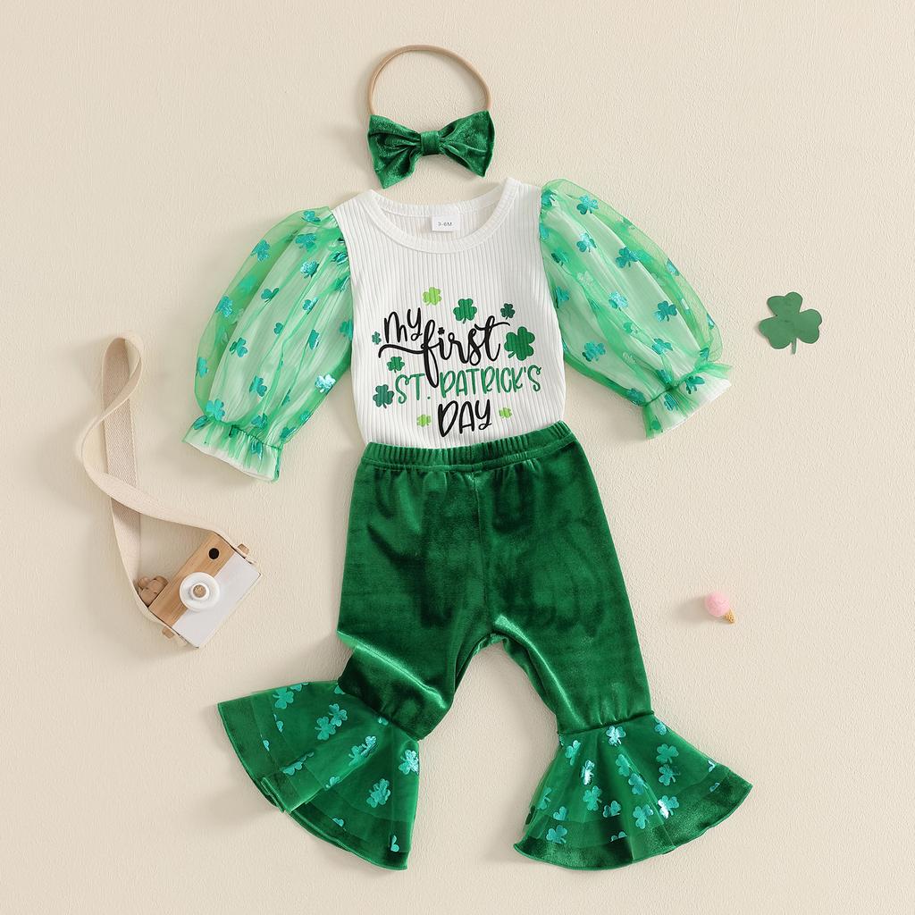 Baby Girls Irish Day Outfits Shamrock Mesh Letter Print Long Sleeves Romper and Elastic Flared Pants Headband Set