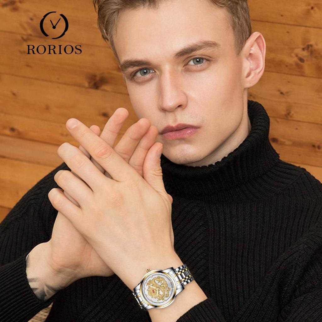 RORIOS Dragon Artificial Business Stainless Steel Business Trip Black B Men's Watch, Waterproof, Analog, Dial, Luminous, Unique, Diamond, Quartz,