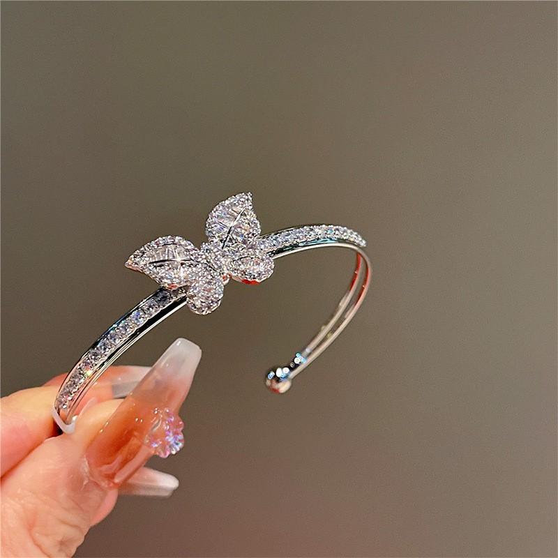 Gold Plated Zircon Butterfly Double Layer Open Cuff Bracelet Women Lightweight Luxury Fashion Jewelry