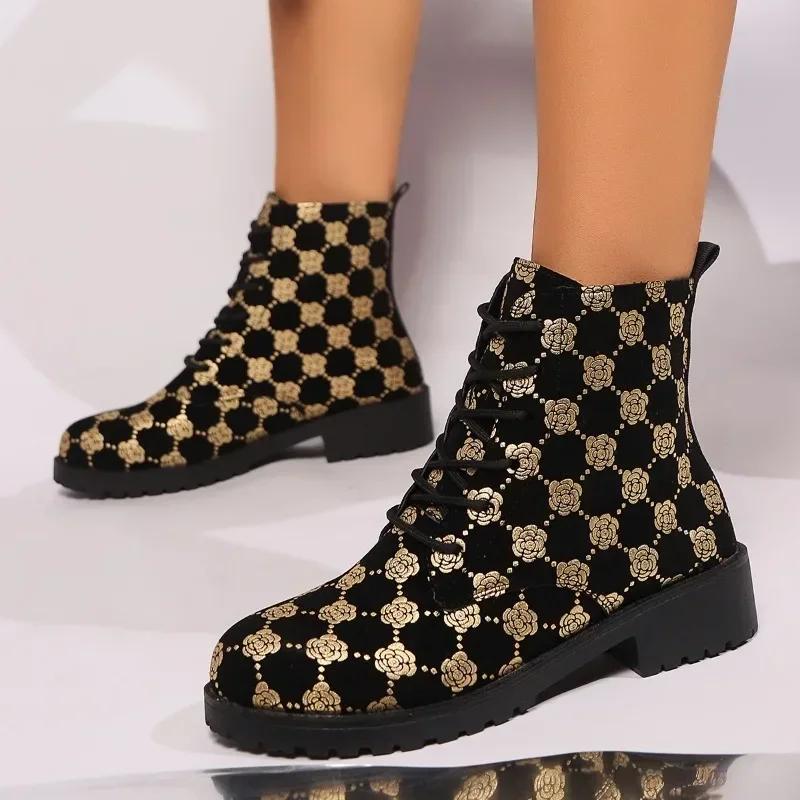 Модные осенние новые массивные ботильоны женские модные круглые передние шнурки с принтом мягкая подошва нескользящая удобная одинарная обувь