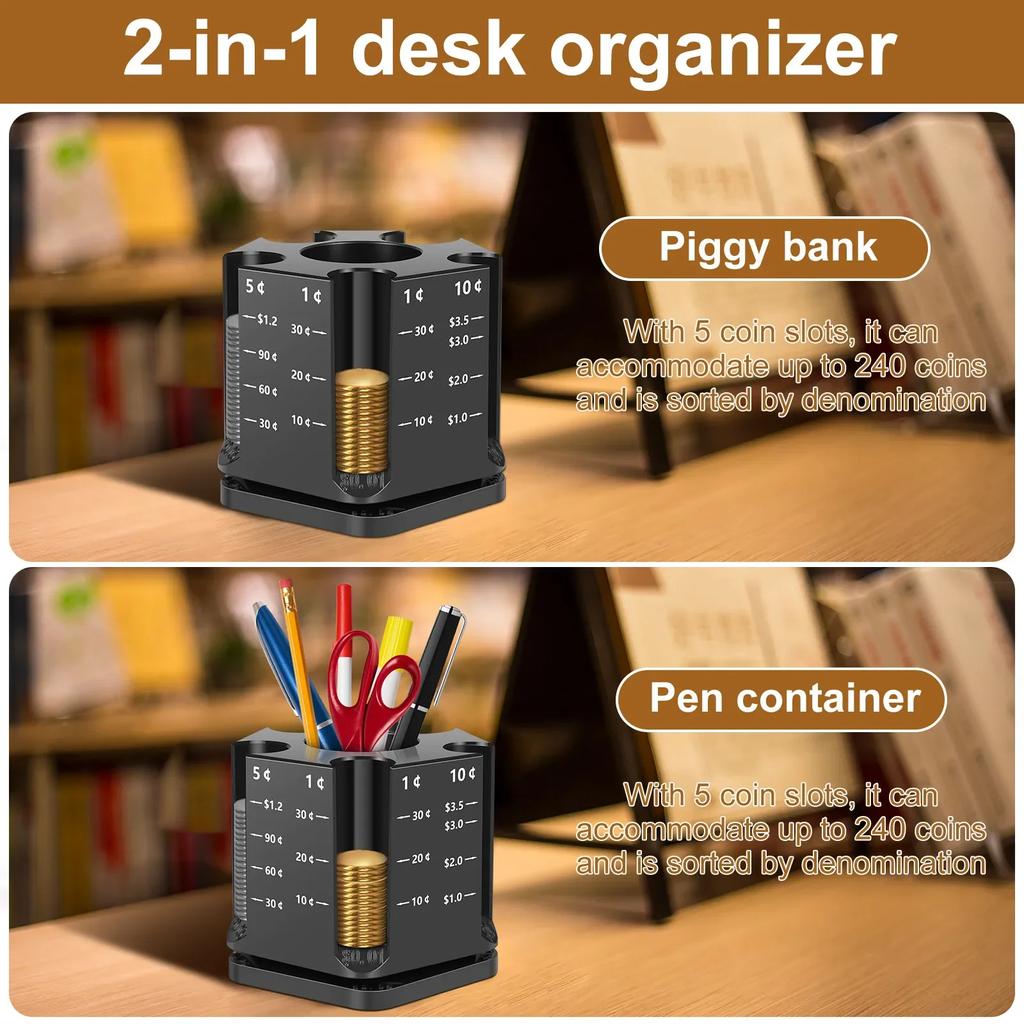 Coin Sorter and Pen Holder 360° Rotatable Coin Holder Sorter Large Capacity Coin Holder Portable Piggy Bank and Pen Holder NEW