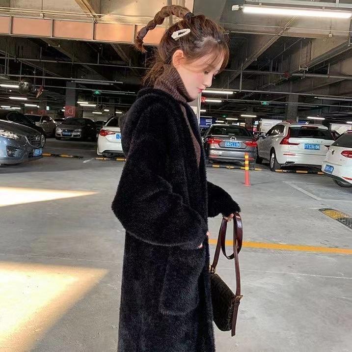 New Long Imitation Mink Velvet Knitted Cardigan Korean Style Lazy Style Loose Hooded Sweater Jacket for Women