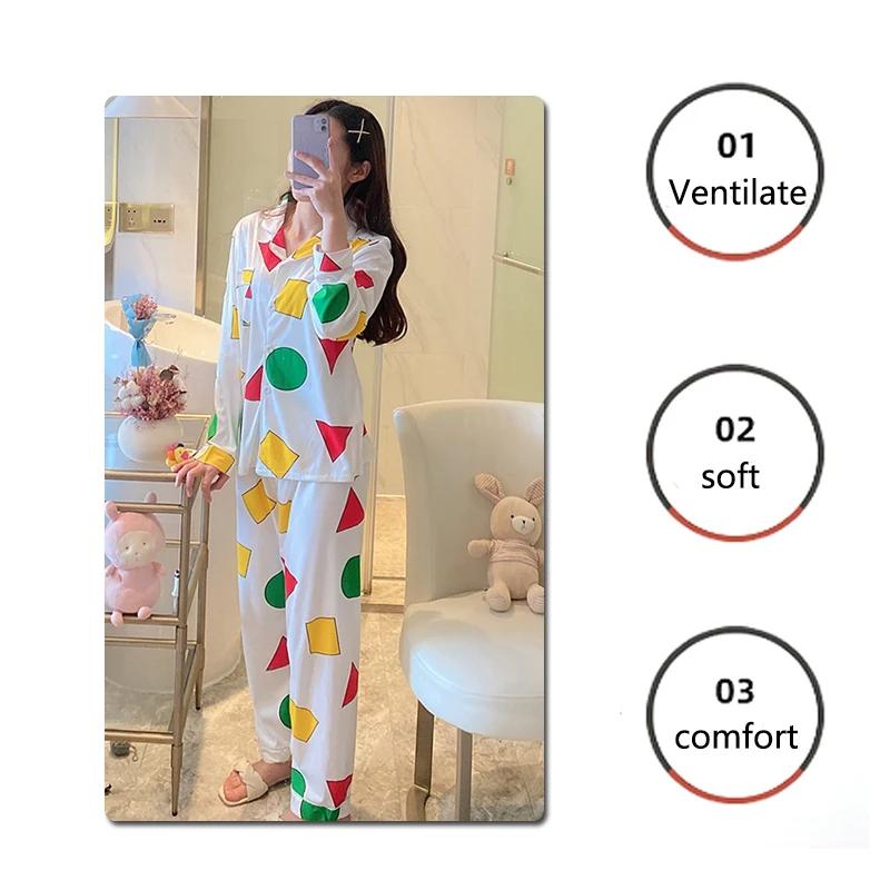 Girl Pajamas Cardigan Lapel Trousers Set Geometric Pattern Long-Sleeved Ladies Homewear Fashion Soft Sleepwear
