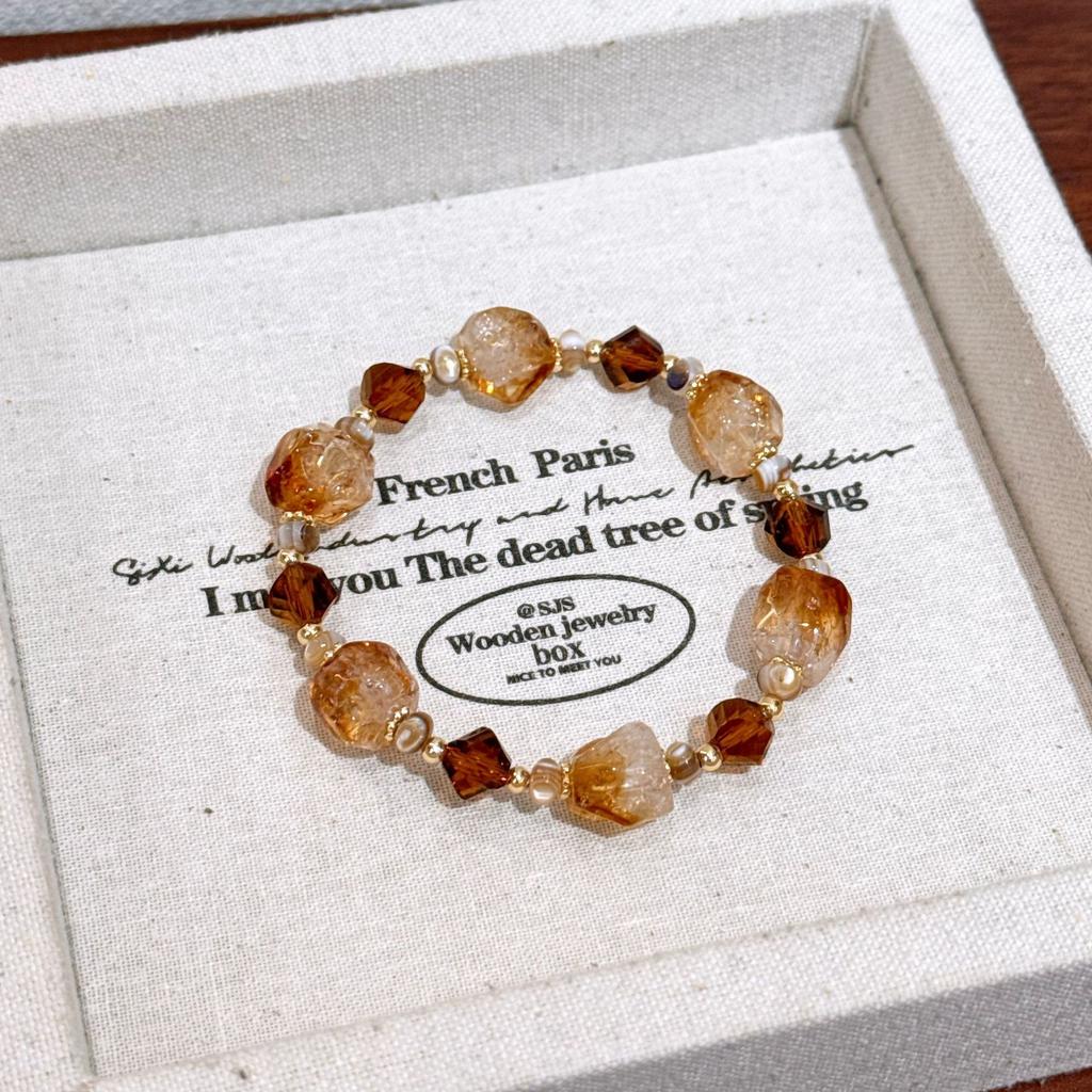 Unique design, irregularly shaped raw stone bracelet featuring amethyst, tiger's eye, and citrine, a mixed-strand bracelet with a stylish and