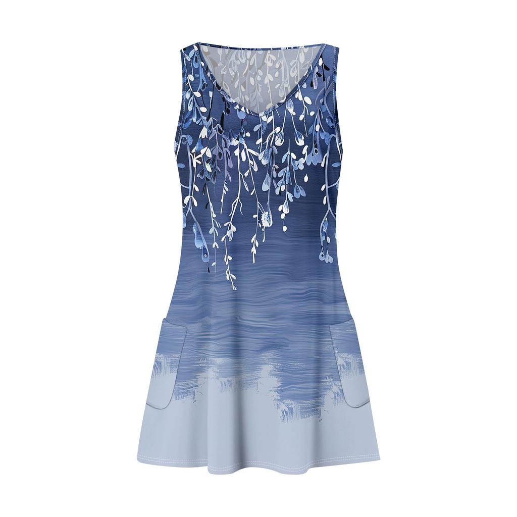 Женское повседневное летнее богемное пляжное платье с принтом и карманами, V-образным вырезом, платье-майка