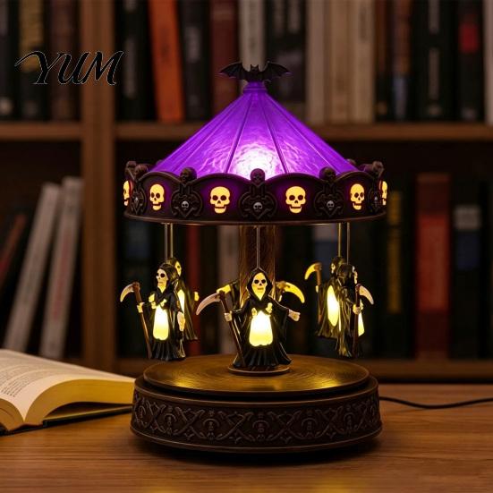 Niche Gothic Home Accents Halloween Ghost Carousel Lights, Stained Glass Night Light with Retro Copper Creative Projection Base, USB Rechargeable