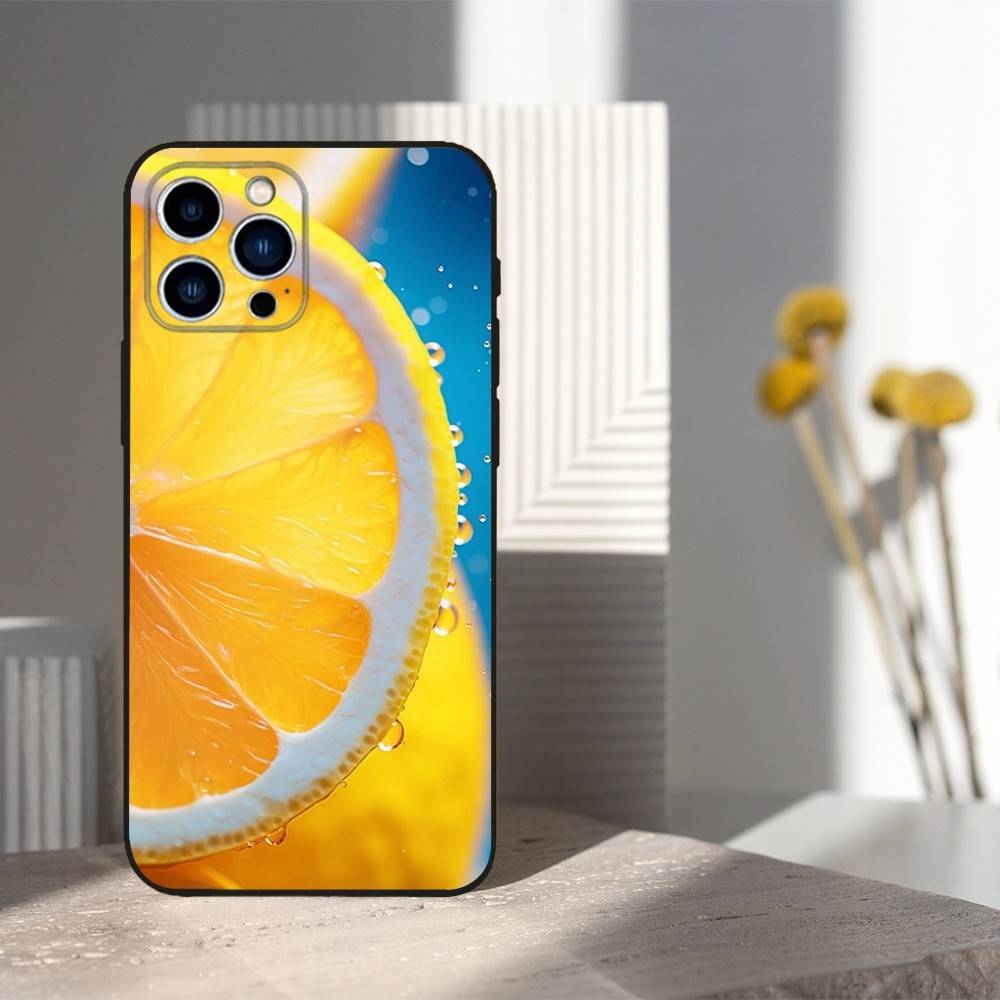 Fruit Art lemon Phone Case For iPhone 15,14,13,17,16,12,11,Plus,Pro Max,XS,X,Mini,8,7,XR,SE,Soft Silicone Black