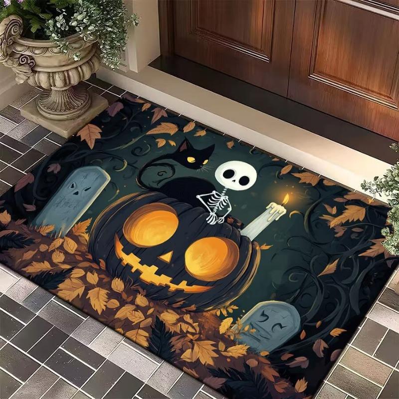 Halloween Pumpkin Lamp and Elf Small Floor Mat Decoration Bathroom Carpet Kitchen Mat Home Living Room Entrance Rug Home Decor